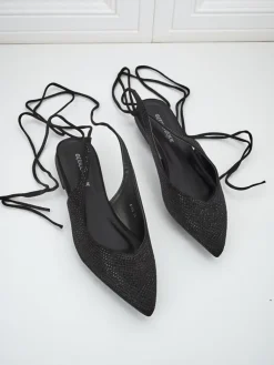 Best Sandały Damiane Nero - Czarne baleriny wiązane z tkaniny, płaski obcas Baleriny Klasyczne