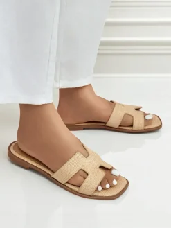 Outlet Sandały damskie beżowe Letizia wygodne płaskie skóra ekologiczna lato Klapki Płaskie