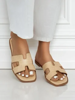 Outlet Sandały damskie beżowe Letizia wygodne płaskie skóra ekologiczna lato Klapki Płaskie