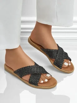 Hot Sandały damskie Calista Nero płaskie, czarna plecionka, skóra ekologiczna Klapki Płaskie