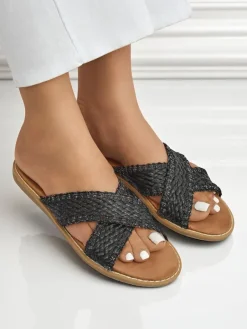 Hot Sandały damskie Calista Nero płaskie, czarna plecionka, skóra ekologiczna Klapki Płaskie