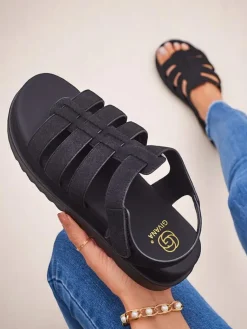 Online Sandały damskie Heraclea na platformie czarne z ekoskóry Sandały Płaskie