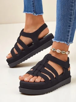 Online Sandały damskie Heraclea na platformie czarne z ekoskóry Sandały Płaskie