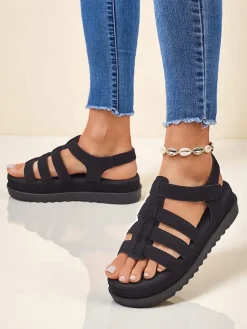 Online Sandały damskie Heraclea na platformie czarne z ekoskóry Sandały Płaskie