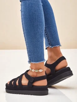 Online Sandały damskie Heraclea na platformie czarne z ekoskóry Sandały Płaskie