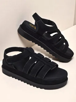 Online Sandały damskie Heraclea na platformie czarne z ekoskóry Sandały Płaskie