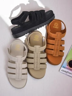 Online Sandały damskie Heraclea na platformie czarne z ekoskóry Sandały Płaskie