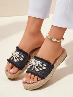 Hot Sandały damskie Helena Decor czarne espadryle z muszelkami Klapki Płaskie
