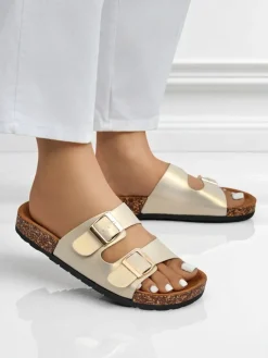 Sandały damskie Aurelia gold – płaskie klapki z eko skóry (rozmiar 39) Klapki Płaskie