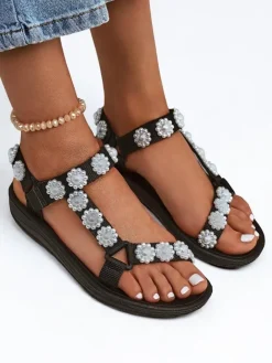 New Sandały damskie Perseida czarne na platformie z perełkami Sandały Płaskie