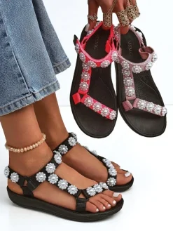 New Sandały damskie Perseida czarne na platformie z perełkami Sandały Płaskie