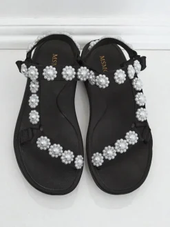 New Sandały damskie Perseida czarne na platformie z perełkami Sandały Płaskie