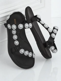New Sandały damskie Perseida czarne na platformie z perełkami Sandały Płaskie