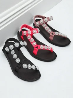 New Sandały damskie Perseida czarne na platformie z perełkami Sandały Płaskie