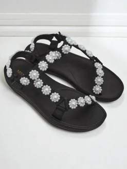 New Sandały damskie Perseida czarne na platformie z perełkami Sandały Płaskie