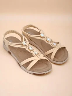 Best Sandały damskie Bellona beżowe z cyrkoniami na platformie Sandały Płaskie