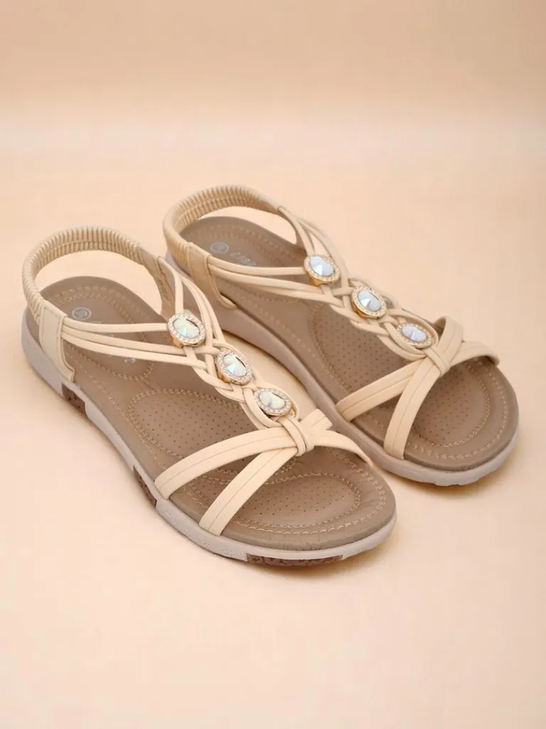 Best Sandały damskie Bellona beżowe z cyrkoniami na platformie Sandały Płaskie