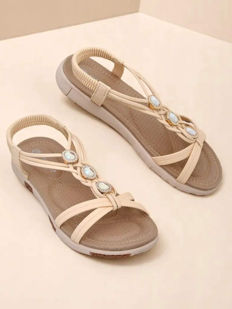 Best Sandały damskie Bellona beżowe z cyrkoniami na platformie Sandały Płaskie