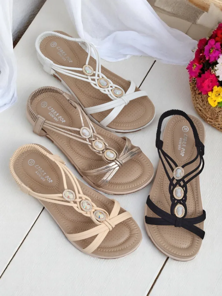 Best Sandały damskie Bellona beżowe z cyrkoniami na platformie Sandały Płaskie
