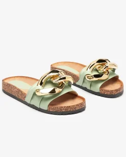 Sandały damskie Thalia zielone z łańcuchem na płaskiej podeszwie Klapki Płaskie
