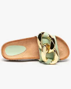 Sandały damskie Thalia zielone z łańcuchem na płaskiej podeszwie Klapki Płaskie