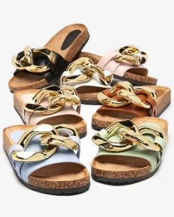 Sandały damskie Thalia zielone z łańcuchem na płaskiej podeszwie Klapki Płaskie