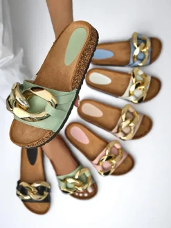 Sandały damskie Thalia zielone z łańcuchem na płaskiej podeszwie Klapki Płaskie