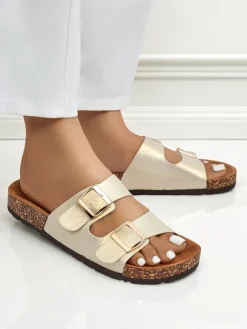 Sale Sandały damskie złote Ariadne Eco z płaską podeszwą na lato Klapki Płaskie