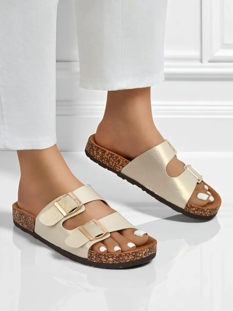 Sale Sandały damskie złote Ariadne Eco z płaską podeszwą na lato Klapki Płaskie