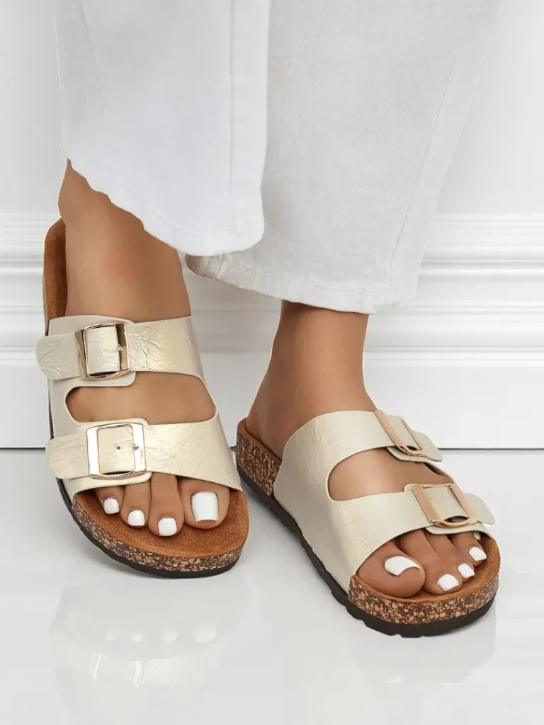 Sale Sandały damskie złote Ariadne Eco z płaską podeszwą na lato Klapki Płaskie