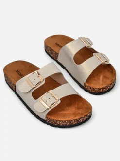 Sale Sandały damskie złote Ariadne Eco z płaską podeszwą na lato Klapki Płaskie