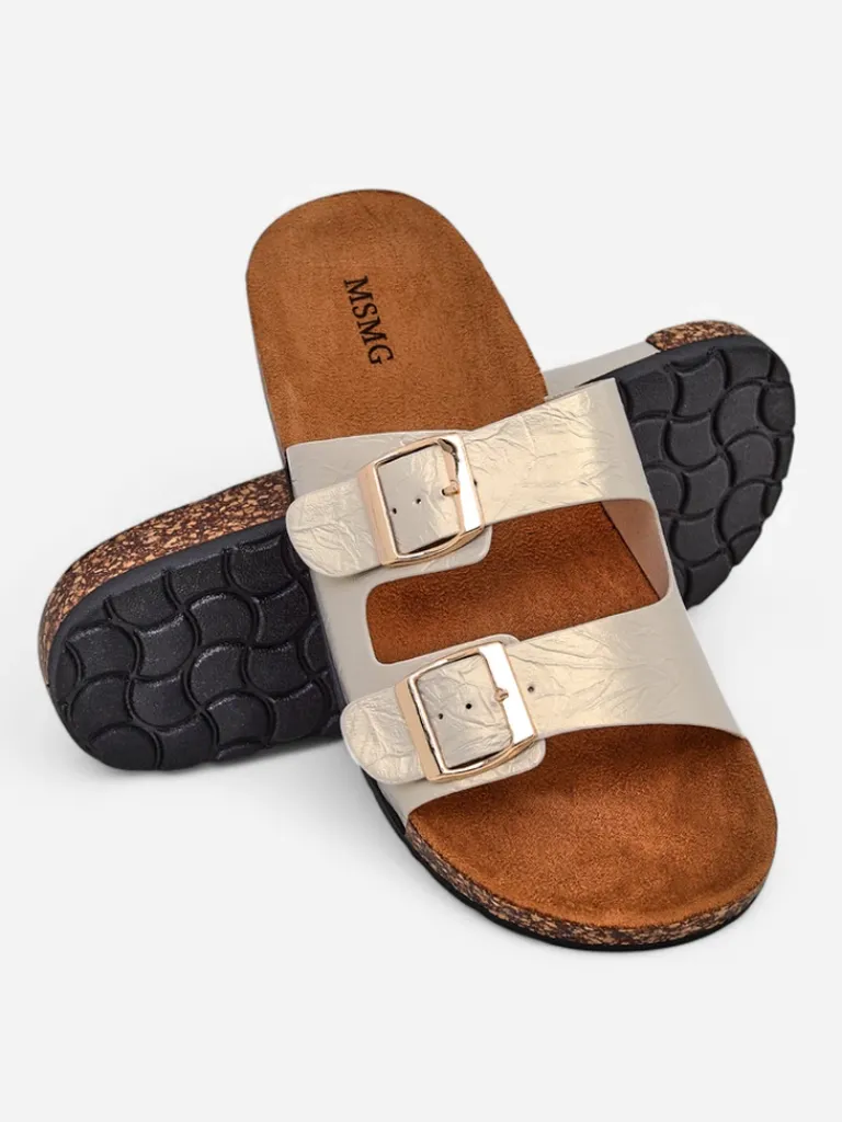 Sale Sandały damskie złote Ariadne Eco z płaską podeszwą na lato Klapki Płaskie