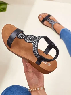 Hot Sandały Koturny Perseida czarne z eko-skóry z kryształkami 4,5cm Sandały Na Koturnie