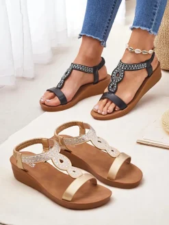 Hot Sandały Koturny Perseida czarne z eko-skóry z kryształkami 4,5cm Sandały Na Koturnie