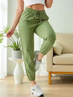 Discount Spodnie Joggery Damskie Flora Jasnozielone 100% Bawelna Komfortowe Spodnie Materiałowe