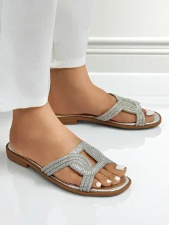 Online Srebrne sandały Ariadne - płaski obcas, skóra ekologiczna Klapki Płaskie