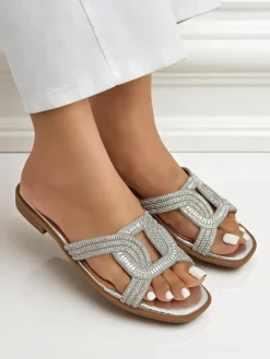 Online Srebrne sandały Ariadne - płaski obcas, skóra ekologiczna Klapki Płaskie