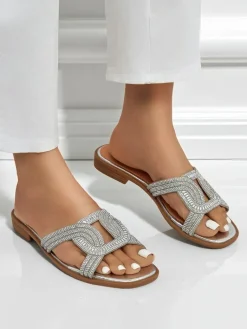 Online Srebrne sandały Ariadne - płaski obcas, skóra ekologiczna Klapki Płaskie