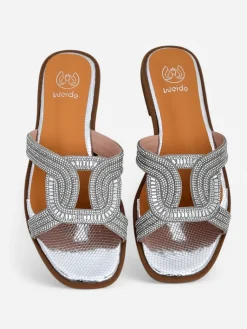 Online Srebrne sandały Ariadne - płaski obcas, skóra ekologiczna Klapki Płaskie