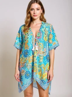 Discount Sukienka Pareo Aurora Riviera – kolorowa tkanina , dekolt V Narzutka Plażowa|Bluzki / Koszule / Koszulki