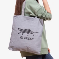 Szara materiałowa torba z napisem i nadrukiem kota - Akcesoria Damskie Materiałowe