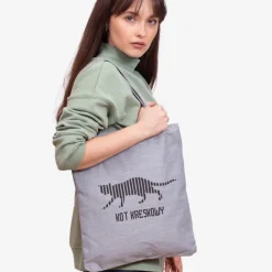 Szara materiałowa torba z napisem i nadrukiem kota - Akcesoria Damskie Materiałowe