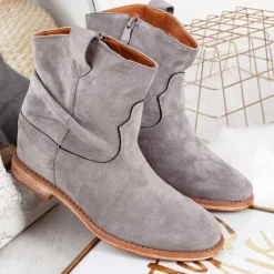 New Szare kowbojki na koturnie Bertold - Obuwie Botki Z Delikatnym Ociepleniem|Kowbojki