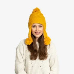 Sale Żółta damska ocieplana czapka z pomponami - Akcesoria Damskie Czapki I Kapelusze