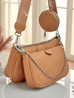 New Torebka damska Aurora Multi z ekoskóry jasny brąz łańcuszek zip Damskie Małe Torebki