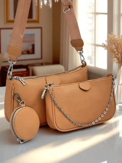 New Torebka damska Aurora Multi z ekoskóry jasny brąz łańcuszek zip Damskie Małe Torebki