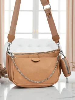 New Torebka damska Aurora Multi z ekoskóry jasny brąz łańcuszek zip Damskie Małe Torebki