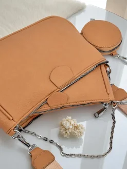 New Torebka damska Aurora Multi z ekoskóry jasny brąz łańcuszek zip Damskie Małe Torebki
