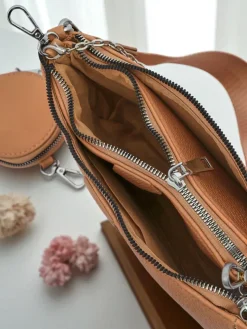 New Torebka damska Aurora Multi z ekoskóry jasny brąz łańcuszek zip Damskie Małe Torebki
