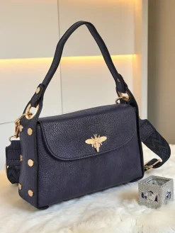 Best Torebka Damska Melia Cielo – Granatowa Skóra Ekologiczna z Motywem Pszczoły Damskie Małe Torebki